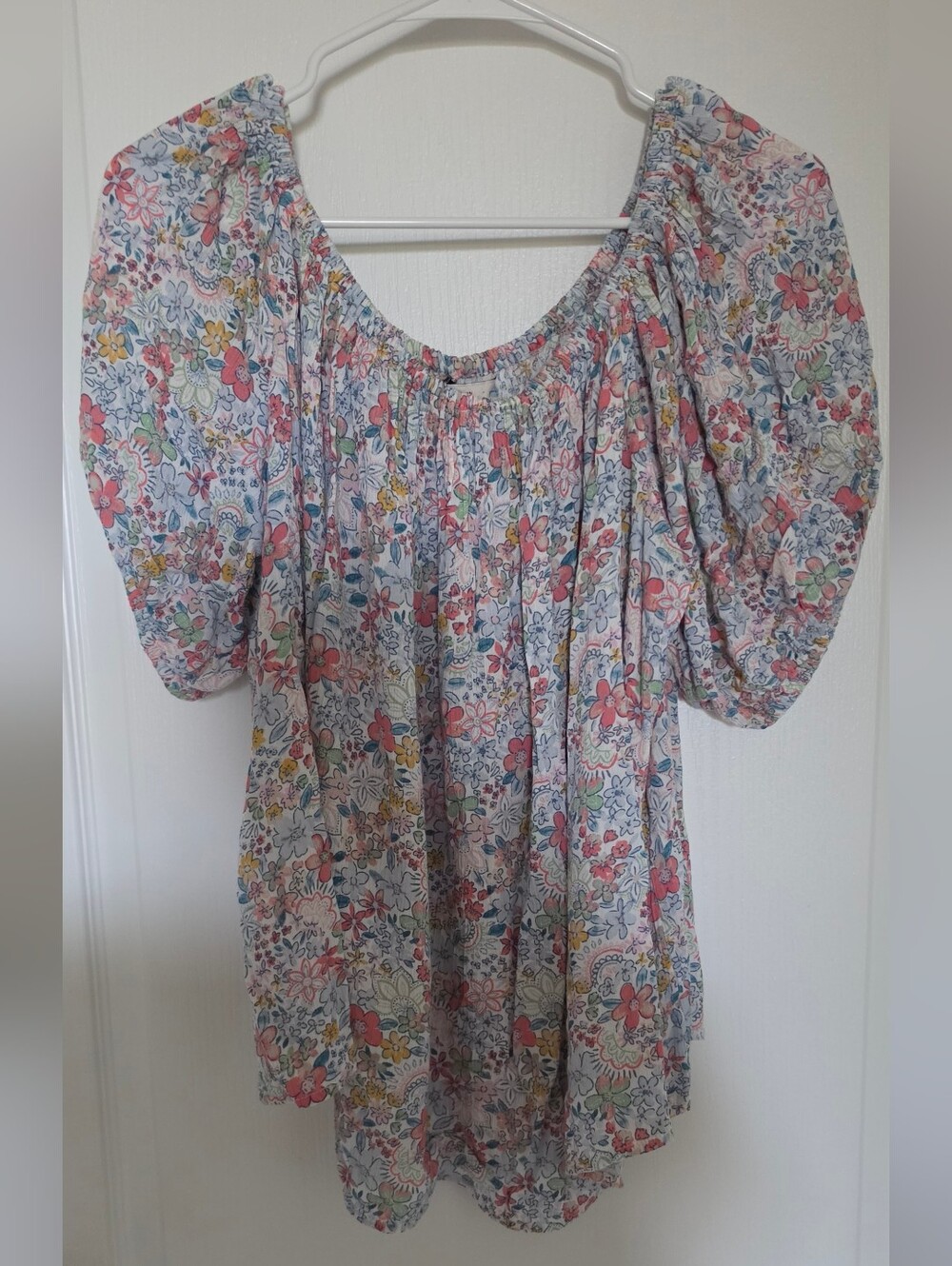 Light Floral Peasant Blouse in Pink, Yellow & Blue